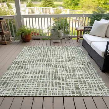9' X 12' Green And Ivory Striped Washable Indoor Outdoor Area Rug