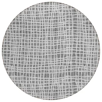8' Gray Charcoal And Silver Round Striped Washable Indoor Outdoor Area Rug