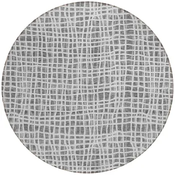 8' Gray Charcoal And Silver Round Striped Washable Indoor Outdoor Area Rug