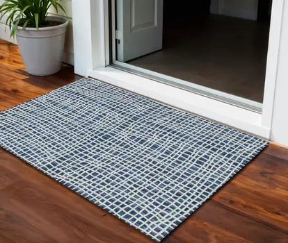 3' X 5' Navy Blue And Ivory Striped Washable Indoor Outdoor Area Rug