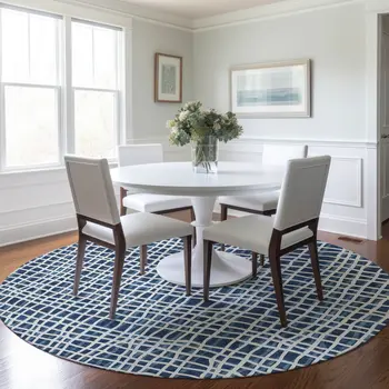 8' Navy Blue And Ivory Round Striped Washable Indoor Outdoor Area Rug