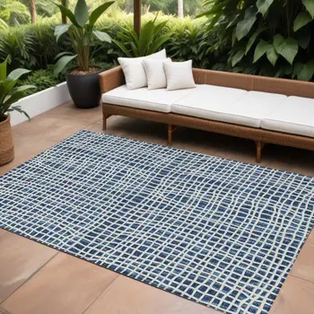 10' X 14' Navy Blue And Ivory Striped Washable Indoor Outdoor Area Rug