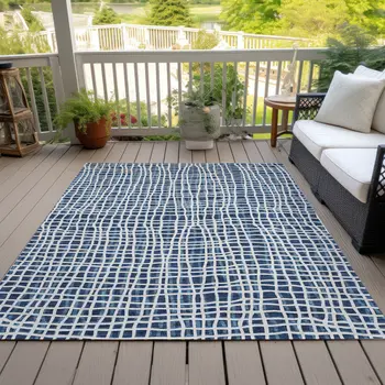 10' X 14' Navy Blue And Ivory Striped Washable Indoor Outdoor Area Rug