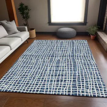 10' X 14' Navy Blue And Ivory Striped Washable Indoor Outdoor Area Rug