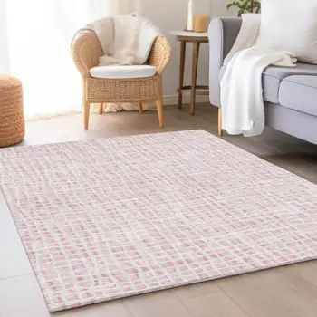 8' X 10' Pink And Ivory Striped Washable Indoor Outdoor Area Rug