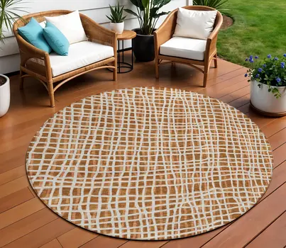 8' Orange Beige And Copper Round Striped Washable Indoor Outdoor Area Rug