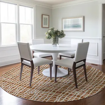 8' Orange Beige And Copper Round Striped Washable Indoor Outdoor Area Rug