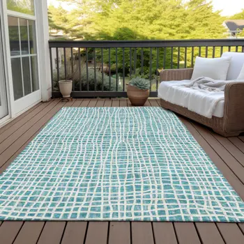 3' X 5' Teal Blue And Ivory Striped Washable Indoor Outdoor Area Rug