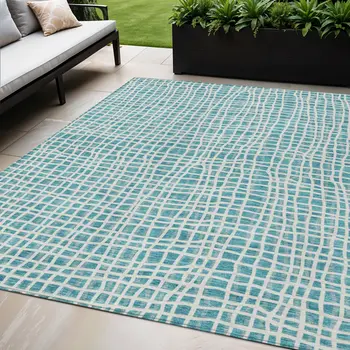 5' X 8' Teal Blue And Ivory Striped Washable Indoor Outdoor Area Rug