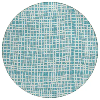 8' Teal Blue And Ivory Round Striped Washable Indoor Outdoor Area Rug