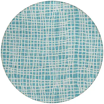 8' Teal Blue And Ivory Round Striped Washable Indoor Outdoor Area Rug