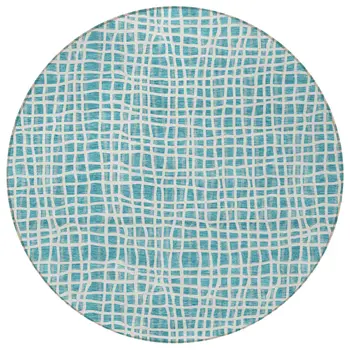 8' Teal Blue And Ivory Round Striped Washable Indoor Outdoor Area Rug