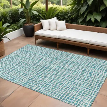 8' X 10' Teal Blue And Ivory Striped Washable Indoor Outdoor Area Rug