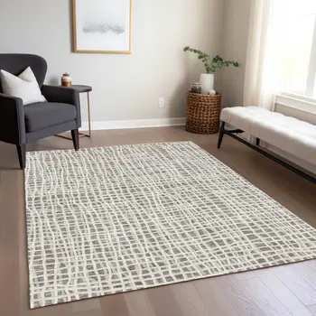 3' X 5' Taupe And Beige Striped Washable Indoor Outdoor Area Rug