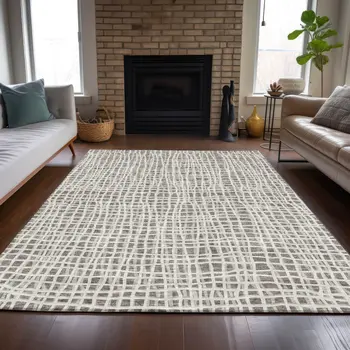 8' X 10' Taupe And Beige Striped Washable Indoor Outdoor Area Rug