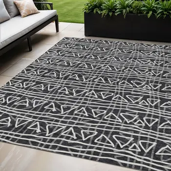 5' X 8' Black Gray And Ivory Geometric Washable Indoor Outdoor Area Rug