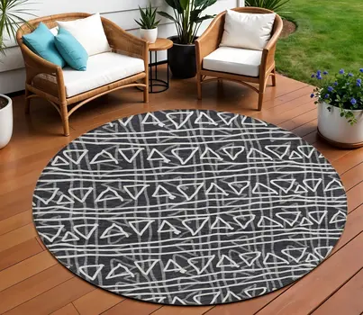8' Black Gray And Ivory Round Geometric Washable Indoor Outdoor Area Rug