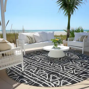 8' Black Gray And Ivory Round Geometric Washable Indoor Outdoor Area Rug