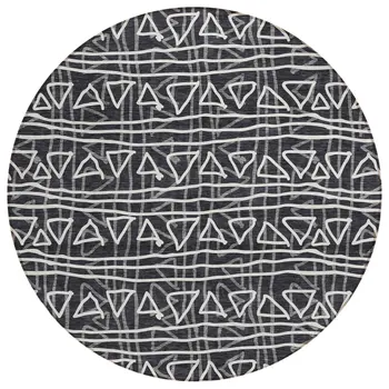 8' Black Gray And Ivory Round Geometric Washable Indoor Outdoor Area Rug