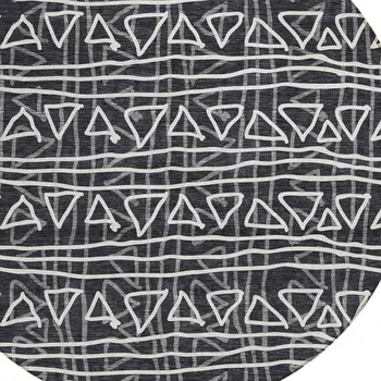8' Black Gray And Ivory Round Geometric Washable Indoor Outdoor Area Rug