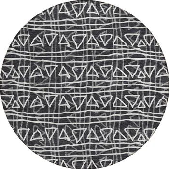 8' Black Gray And Ivory Round Geometric Washable Indoor Outdoor Area Rug