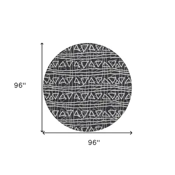 8' Black Gray And Ivory Round Geometric Washable Indoor Outdoor Area Rug
