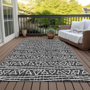 10' X 14' Black Gray And Ivory Geometric Washable Indoor Outdoor Area Rug