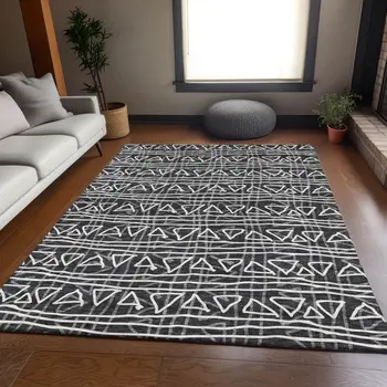 10' X 14' Black Gray And Ivory Geometric Washable Indoor Outdoor Area Rug