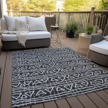 10' X 14' Black Gray And Ivory Geometric Washable Indoor Outdoor Area Rug