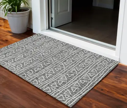 3' X 5' Charcoal Gray And Ivory Geometric Washable Indoor Outdoor Area Rug