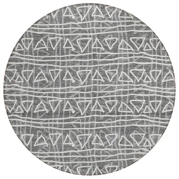 8' Charcoal Gray And Ivory Round Geometric Washable Indoor Outdoor Area Rug