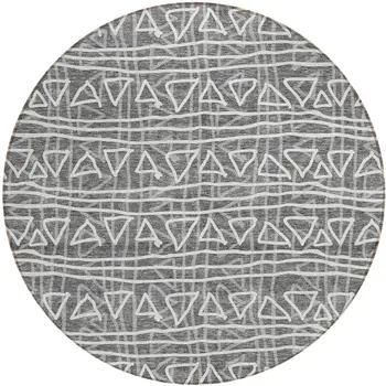 8' Charcoal Gray And Ivory Round Geometric Washable Indoor Outdoor Area Rug