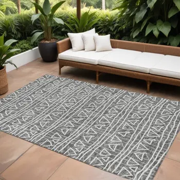 8' X 10' Charcoal Gray And Ivory Geometric Washable Indoor Outdoor Area Rug
