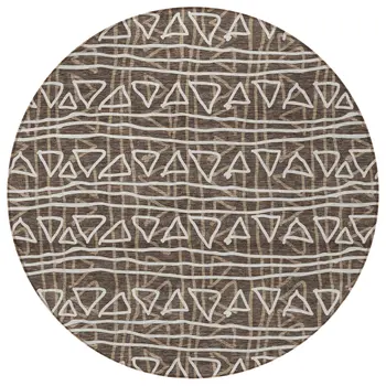 8' Chocolate And Ivory Round Geometric Washable Indoor Outdoor Area Rug