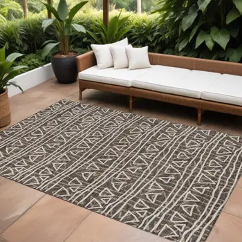 9' X 12' Chocolate And Ivory Geometric Washable Indoor Outdoor Area Rug