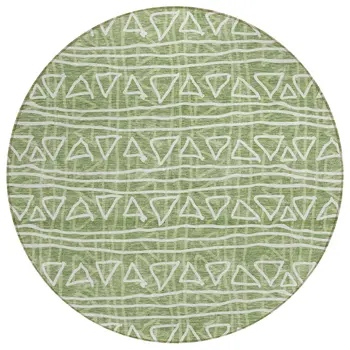 8' Green And Ivory Round Geometric Washable Indoor Outdoor Area Rug