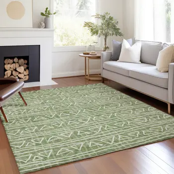 9' X 12' Green And Ivory Geometric Washable Indoor Outdoor Area Rug
