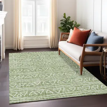 9' X 12' Green And Ivory Geometric Washable Indoor Outdoor Area Rug