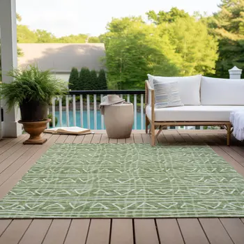 9' X 12' Green And Ivory Geometric Washable Indoor Outdoor Area Rug