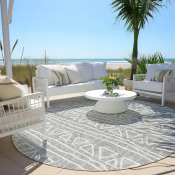 8' Gray Charcoal And Silver Round Geometric Washable Indoor Outdoor Area Rug