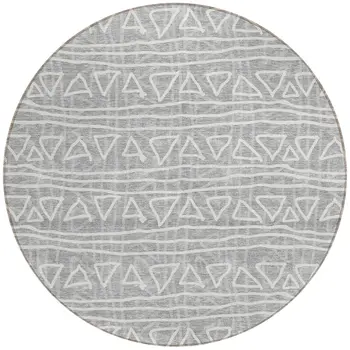 8' Gray Charcoal And Silver Round Geometric Washable Indoor Outdoor Area Rug