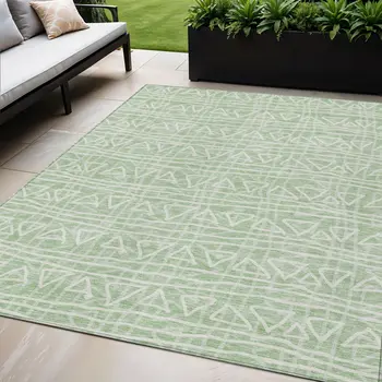 5' X 8' Mint Green Artichoke Green And Ivory Geometric Washable Indoor Outdoor Area Rug