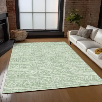 10' X 14' Mint Green Artichoke Green And Ivory Geometric Washable Indoor Outdoor Area Rug