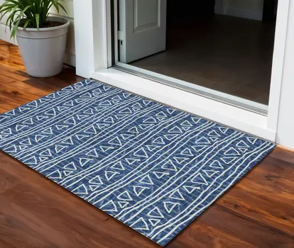 3' X 5' Navy Blue And Ivory Geometric Washable Indoor Outdoor Area Rug