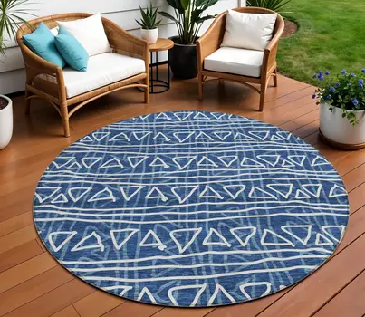 8' Navy Blue And Ivory Round Geometric Washable Indoor Outdoor Area Rug
