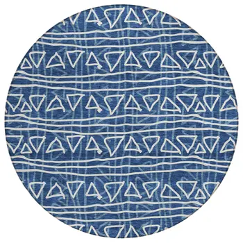 8' Navy Blue And Ivory Round Geometric Washable Indoor Outdoor Area Rug