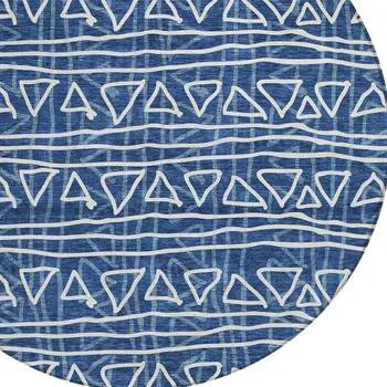 8' Navy Blue And Ivory Round Geometric Washable Indoor Outdoor Area Rug