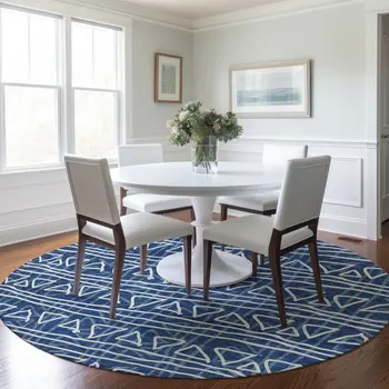 8' Navy Blue And Ivory Round Geometric Washable Indoor Outdoor Area Rug