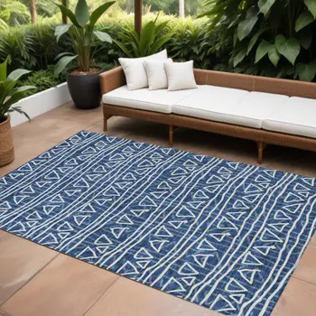 8' X 10' Navy Blue And Ivory Geometric Washable Indoor Outdoor Area Rug