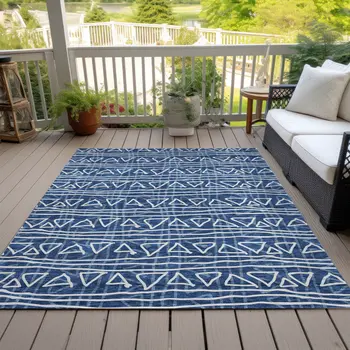 8' X 10' Navy Blue And Ivory Geometric Washable Indoor Outdoor Area Rug